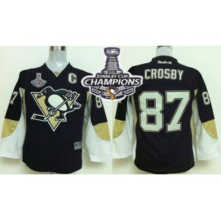 Penguins #87 Sidney Crosby Black 2016 Stanley Cup Champions Stitched Youth NHL Jersey