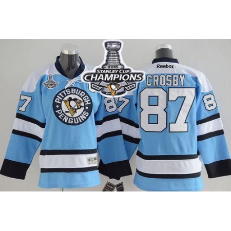 Penguins #87 Sidney Crosby Blue 2016 Stanley Cup Champions Stitched Youth NHL Jersey