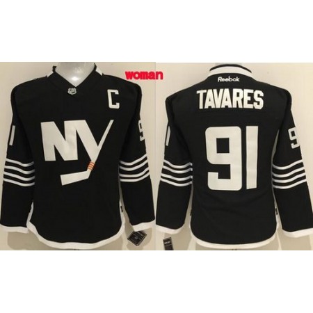 Islanders #91 John Tavares Black Alternate Women's Stitched NHL Jersey