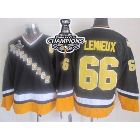 Penguins #66 Mario Lemieux Black/Yellow CCM Throwback 2016 Stanley Cup Champions Stitched NHL Jersey