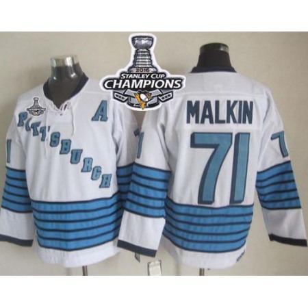 Penguins #71 Evgeni Malkin White/Light Blue CCM Throwback 2016 Stanley Cup Champions Stitched NHL Jersey