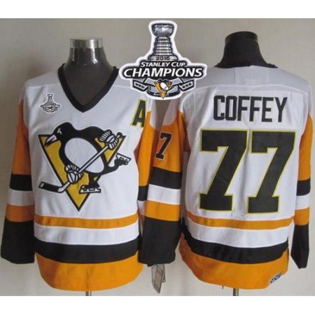 Penguins #77 Paul Coffey White/Black CCM Throwback 2016 Stanley Cup Champions Stitched NHL Jersey