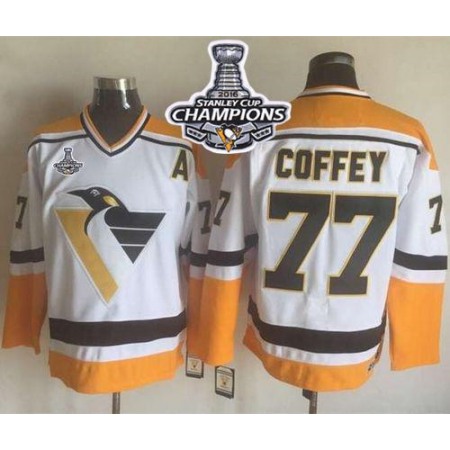 Penguins #77 Paul Coffey White/Yellow CCM Throwback 2016 Stanley Cup Champions Stitched NHL Jersey