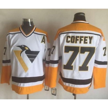 Penguins #77 Paul Coffey White/Yellow CCM Throwback Stitched NHL Jersey