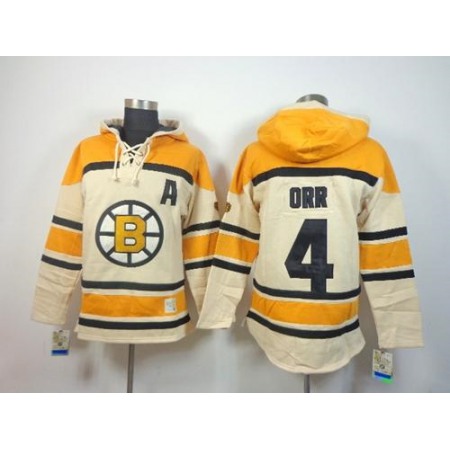 Bruins #4 Bobby Orr Cream Sawyer Hooded Sweatshirt Stitched NHL Jersey