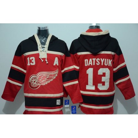 Red Wings #13 Pavel Datsyuk Red Sawyer Hooded Sweatshirt Stitched NHL Jersey