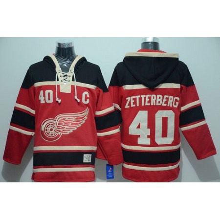 Red Wings #40 Henrik Zetterberg Red Sawyer Hooded Sweatshirt Stitched NHL Jersey