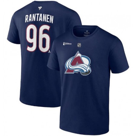 Men's Colorado Avalanche #96 Mikko Rantanen Navy 2022 Stanley Cup Champions Authentic Stack Name & Number T-Shirt